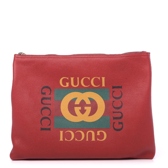 GUCCI  Pebbled Calfskin Medium Logo Portfolio Clutch Hibiscus Red - Picture 1 of 8